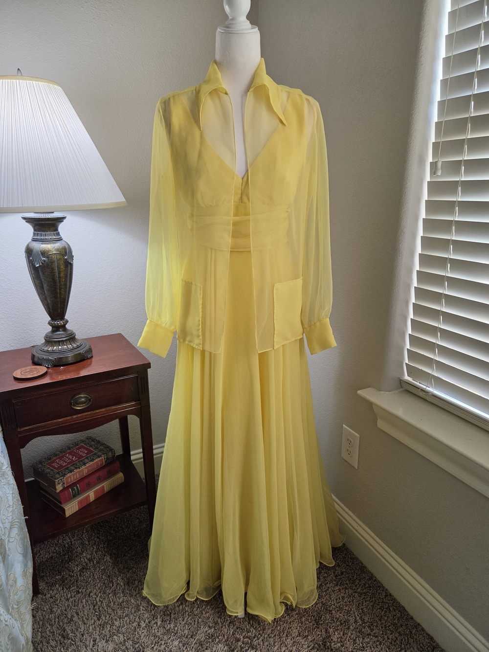 Yellow Chiffon Maxi Dress with Sheer Blouse Overlay
